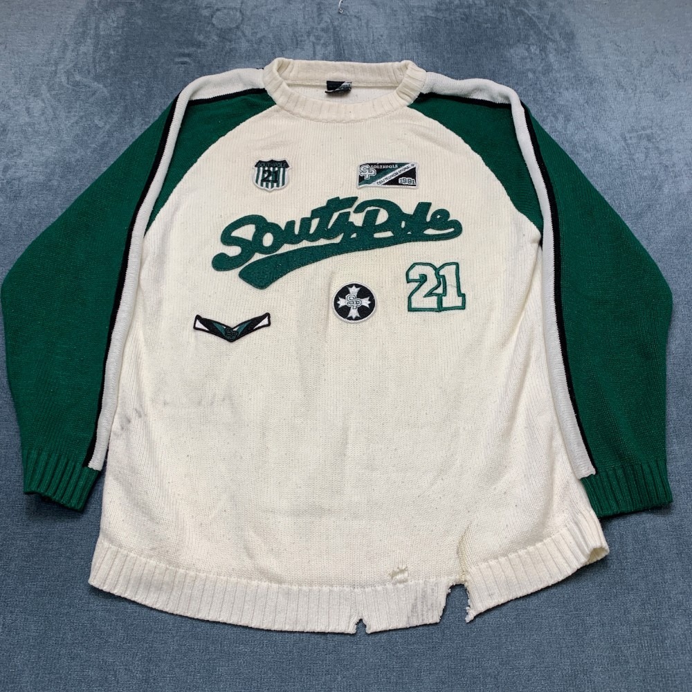 Vintage Southpole Sweater Mens Large Beige Green Embroidered Patch Acrylic